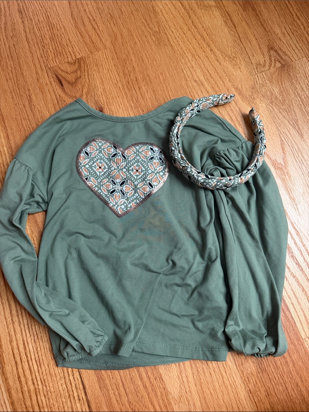 Girls' Sage Green Long-Sleeve Top with Embroidered Heart and headband